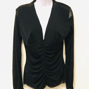 Bisou Bisou Michele Bohbot Ruched Black Long Sleeve Blouse Size Large
